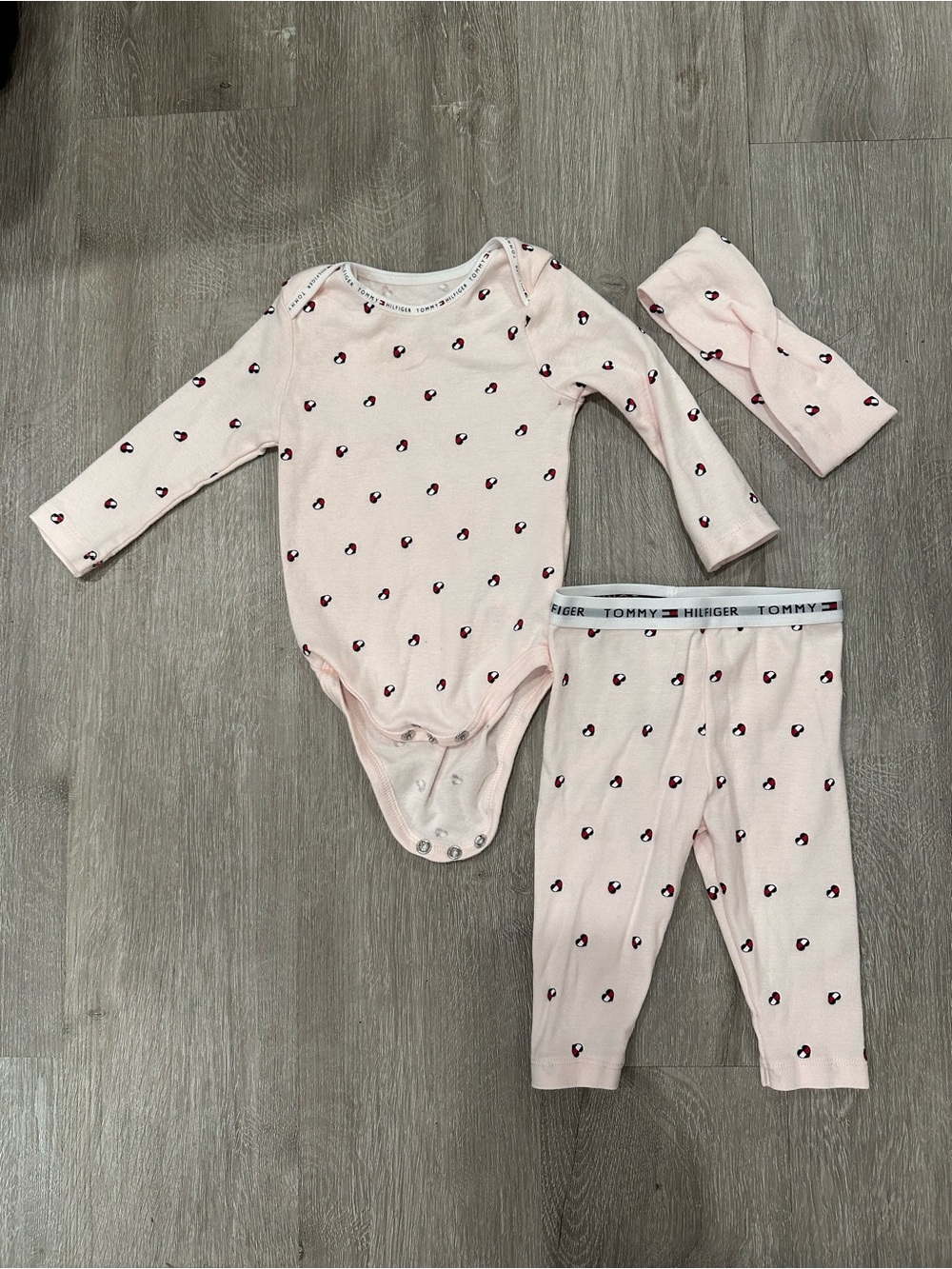Tommy Hilfiger Light Pink Long-Sleeve Baby One-Piece with Pants & Headband